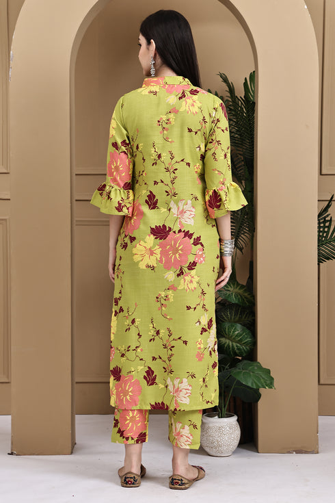 Parrot Green Cotton Jaipuri Printed Straight Kurta With Pant