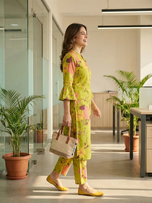 Parrot Green Cotton Jaipuri Printed Straight Kurta With Pant