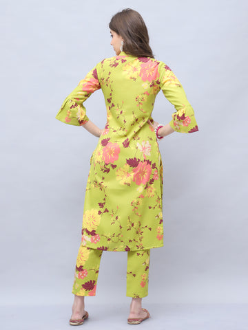 Parrot Green Cotton Jaipuri Printed Straight Kurta With Pant