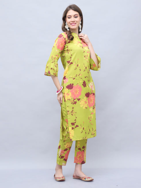 Parrot Green Cotton Jaipuri Printed Straight Kurta With Pant