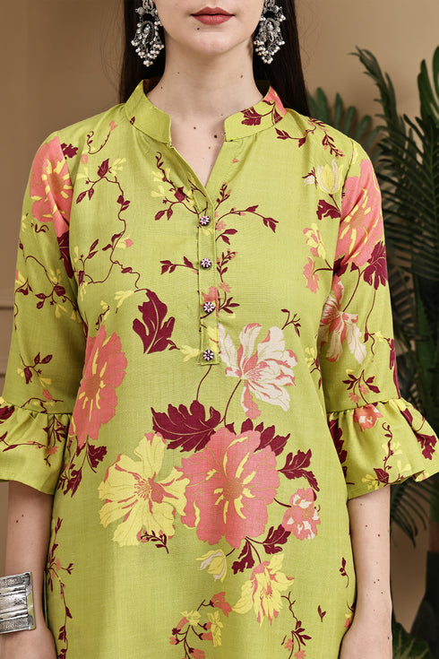 Parrot Green Cotton Jaipuri Printed Straight Kurta With Pant