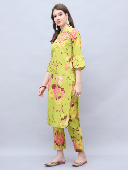 Parrot Green Cotton Jaipuri Printed Straight Kurta With Pant