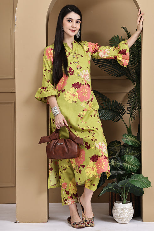 Parrot Green Cotton Jaipuri Printed Straight Kurta With Pant