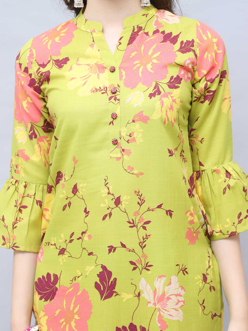 Parrot Green Cotton Jaipuri Printed Straight Kurta With Pant