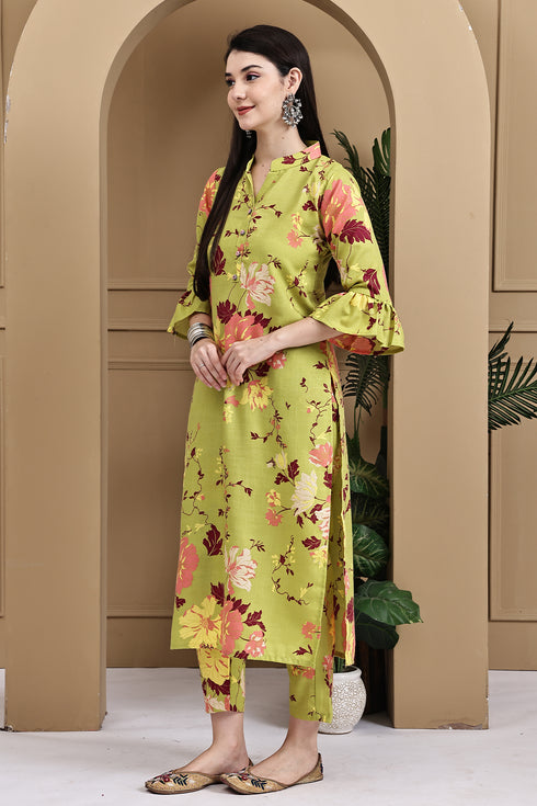 Parrot Green Cotton Jaipuri Printed Straight Kurta With Pant