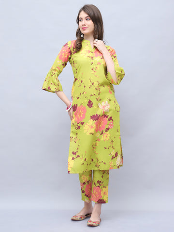 Parrot Green Cotton Jaipuri Printed Straight Kurta With Pant