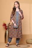 Brown Pure Cotton Jaipuri Printed Kurta-Shrug With Pant