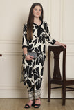 Women Black & Off White Cotton Botanical Floral Printed Kurta With Pant