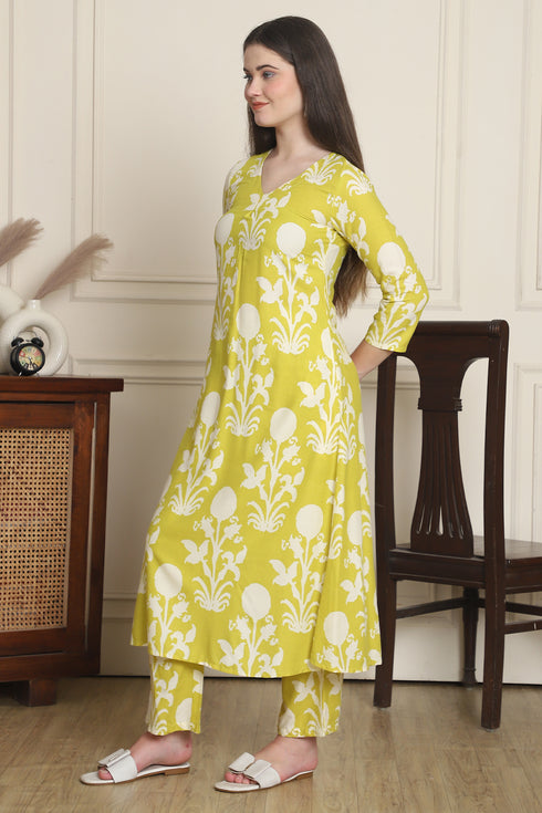 Women Lemon Yellow & White Cotton Botanical Floral Printed Kurta With Pant
