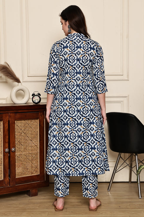 Blue Blossom Geometric Printed  Kurta With Pant