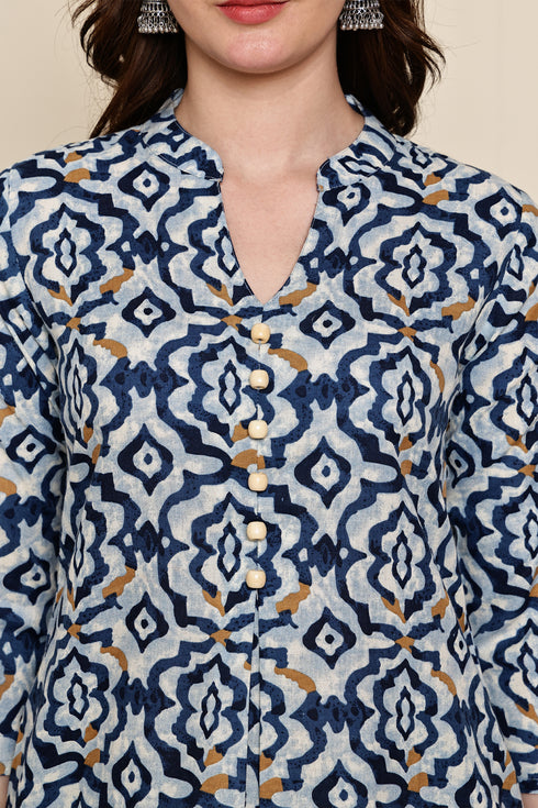 Blue Blossom Geometric Printed  Kurta With Pant