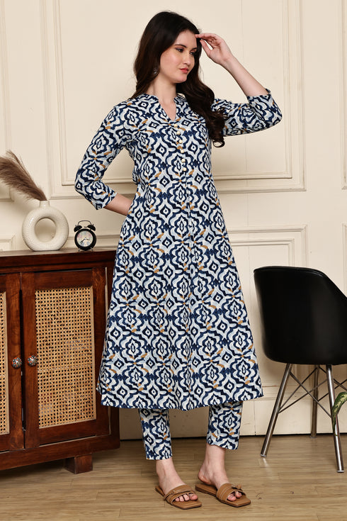 Blue Blossom Geometric Printed  Kurta With Pant