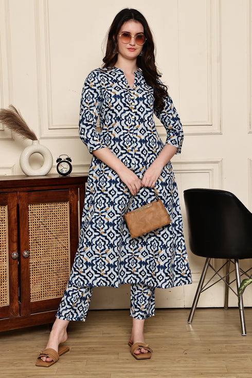 Blue Blossom Geometric Printed  Kurta With Pant