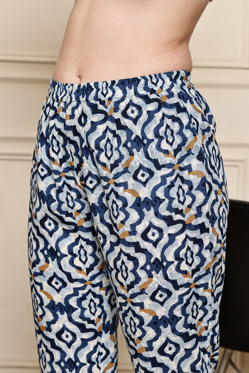 Blue Blossom Geometric Printed  Kurta With Pant