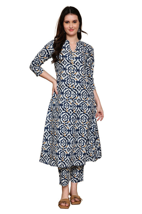 Blue Blossom Geometric Printed  Kurta With Pant