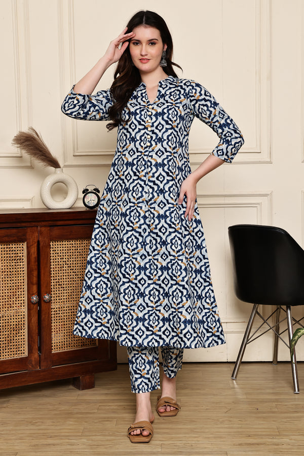 Blue Blossom Geometric Printed  Kurta With Pant