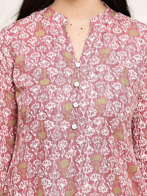Stylish pink Jaipuri Printed Kurta  With Pant