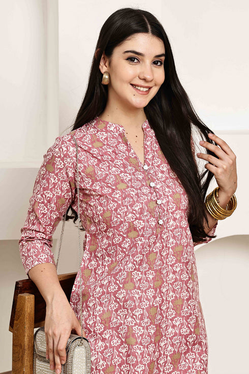 Stylish pink Jaipuri Printed Kurta  With Pant
