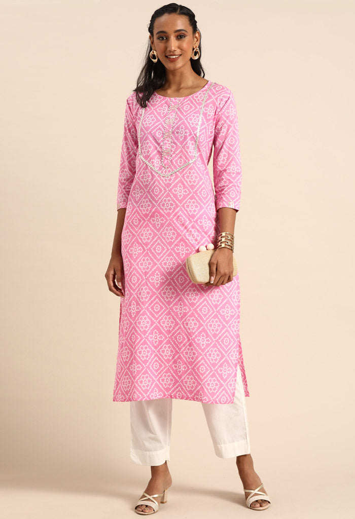 Pink Pure Cambric Cotton Jaipuri Printed Kurti