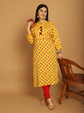 Yellow Pure Cambric Cotton Jaipuri Block Printed Plus Size Kurti