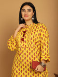 Yellow Pure Cambric Cotton Jaipuri Block Printed Plus Size Kurti