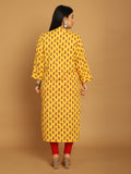 Yellow Pure Cambric Cotton Jaipuri Block Printed Plus Size Kurti