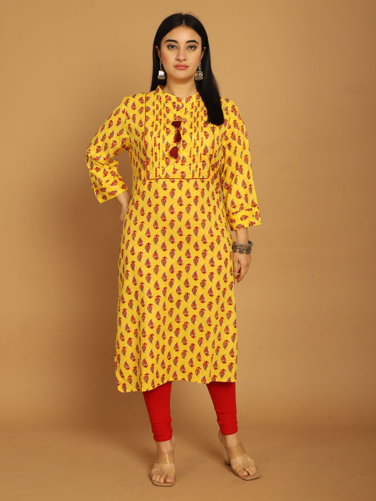 Yellow Pure Cambric Cotton Jaipuri Block Printed Plus Size Kurti