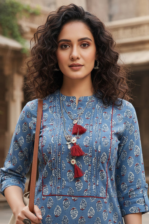 Blue Pure Cambric Cotton Jaipuri Printed Kurti