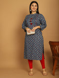 Blue Pure Cambric Cotton Jaipuri Block Printed Plus Size Kurti