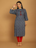 Blue Pure Cambric Cotton Jaipuri Block Printed Plus Size Kurti