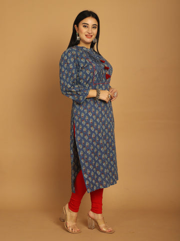 Blue Pure Cambric Cotton Jaipuri Block Printed Plus Size Kurti