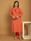 Orange Pure Cambric Cotton Jaipuri Block Printed Plus Size Kurti