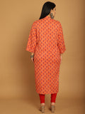 Orange Pure Cambric Cotton Jaipuri Block Printed Plus Size Kurti