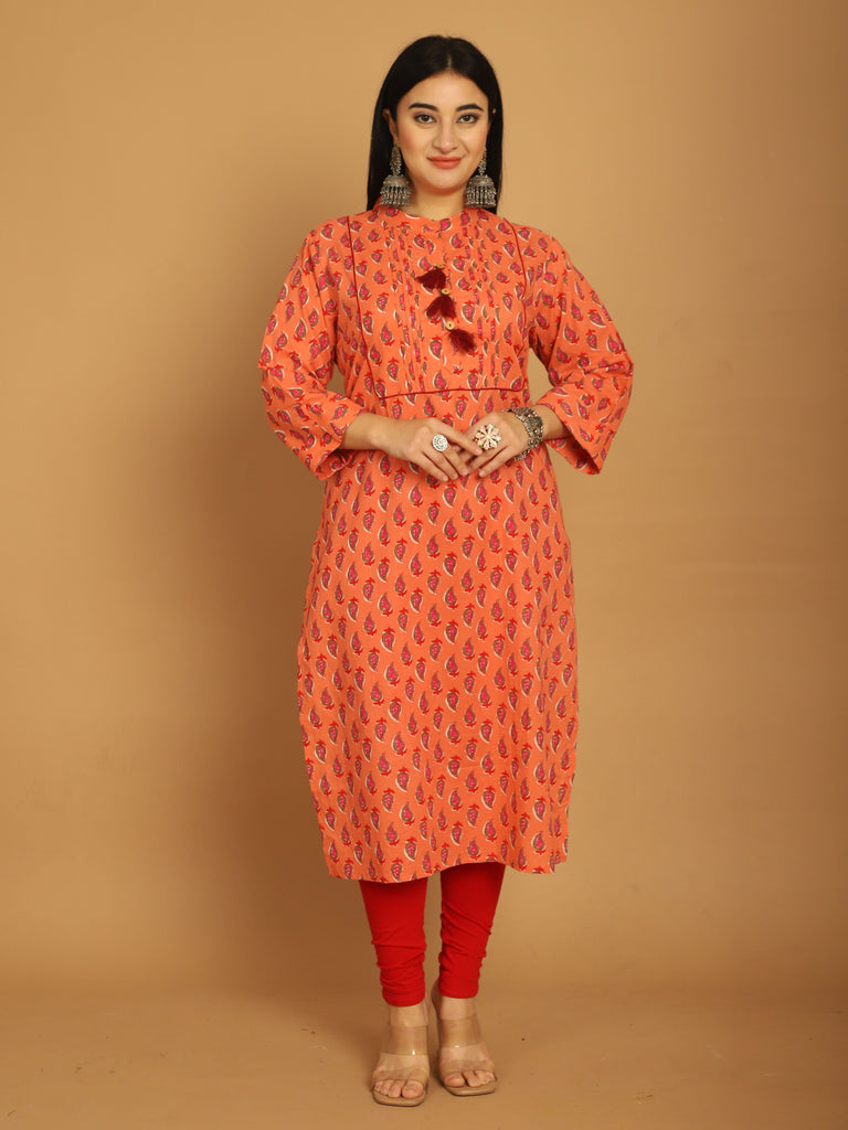 Orange Pure Cambric Cotton Jaipuri Block Printed Plus Size Kurti