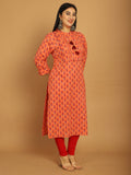 Orange Pure Cambric Cotton Jaipuri Block Printed Plus Size Kurti