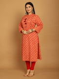 Orange Pure Cambric Cotton Jaipuri Block Printed Plus Size Kurti