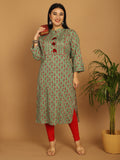 Green Pure Cambric Cotton Jaipuri Block Printed Plus Size Kurti