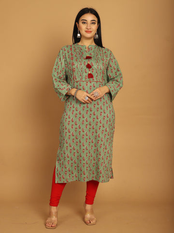 Green Pure Cambric Cotton Jaipuri Block Printed Plus Size Kurti