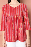 Red Women's Pure Cotton Floral Striped Printed Short Top