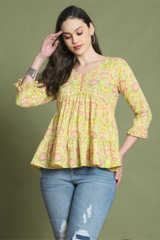 Yellow Pure Cotton Jaipuri Printed Short Top