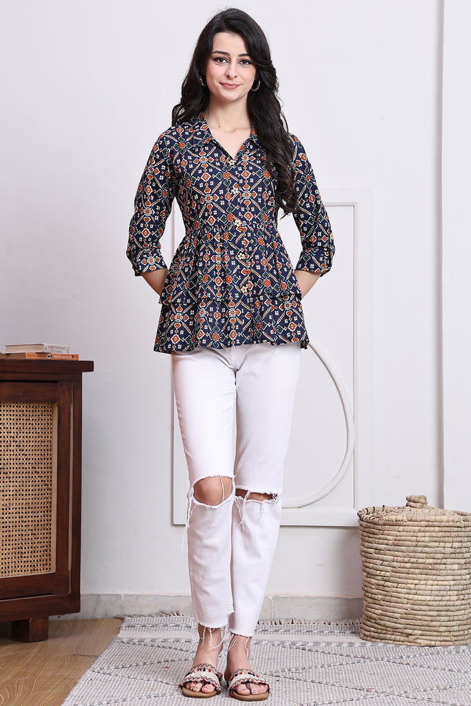 Navy Blue Women's Cotton Jaipuri Printed Short Top