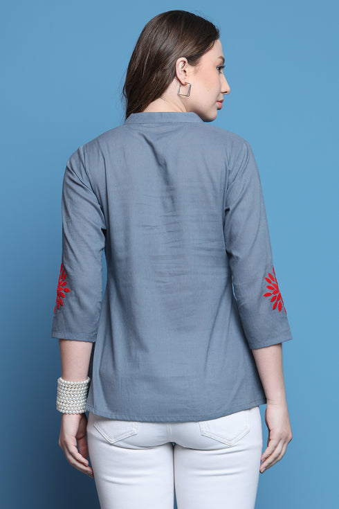 Grey Pure Cotton Patch Work Embroidered Short Top