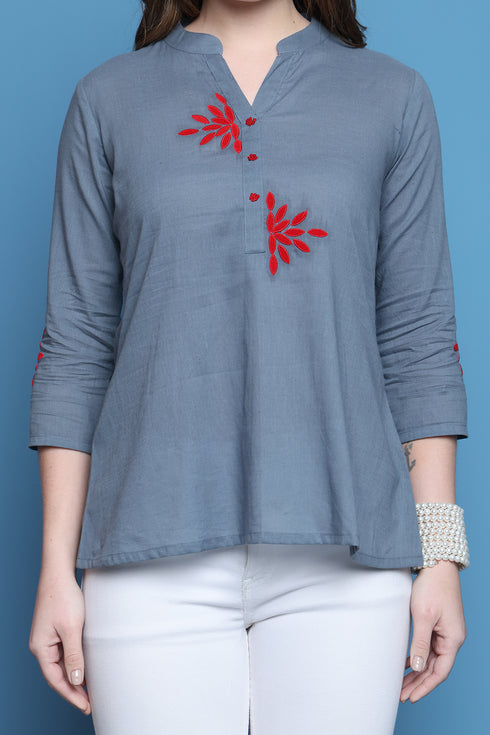 Grey Pure Cotton Patch Work Embroidered Short Top
