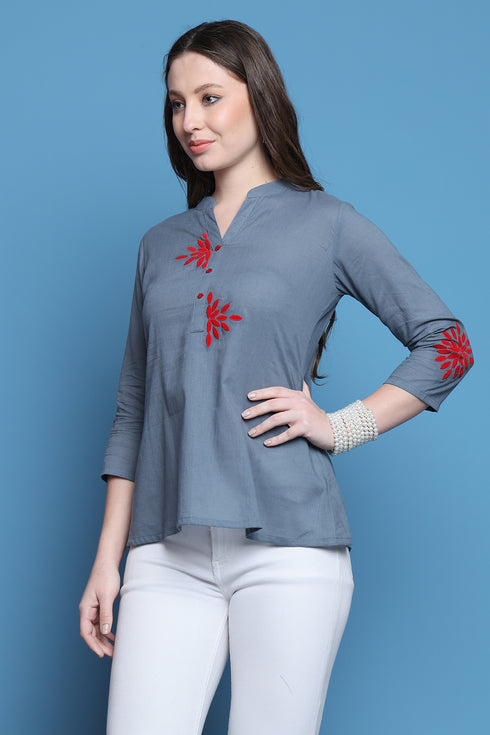 Grey Pure Cotton Patch Work Embroidered Short Top