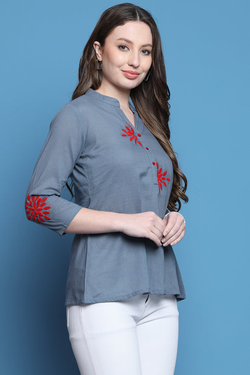 Grey Pure Cotton Patch Work Embroidered Short Top
