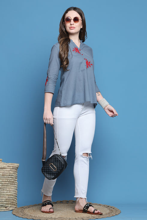 Grey Pure Cotton Patch Work Embroidered Short Top