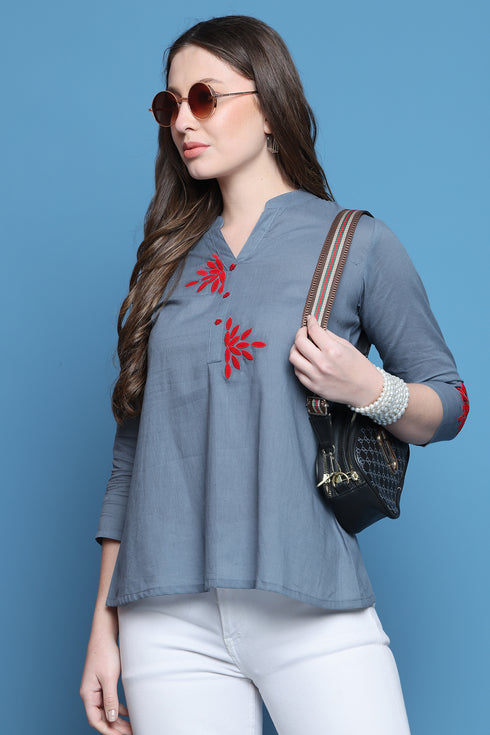 Grey Pure Cotton Patch Work Embroidered Short Top