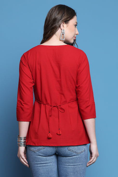 Red Pure Cotton Patch Work Embroidered Short Top