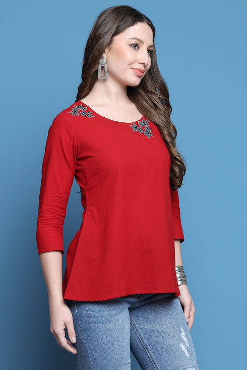 Red Pure Cotton Patch Work Embroidered Short Top