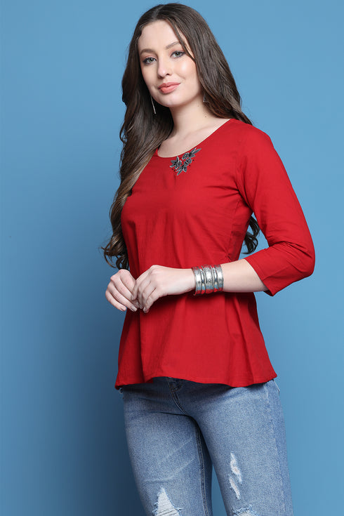 Red Pure Cotton Patch Work Embroidered Short Top